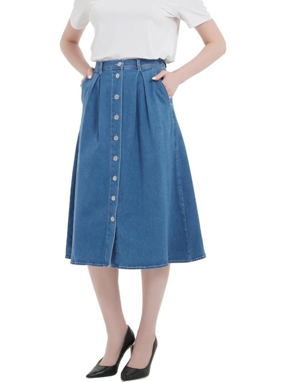 A-Line Long Midi Denim Skirt for Women with Button Front - Stylish & Versatile